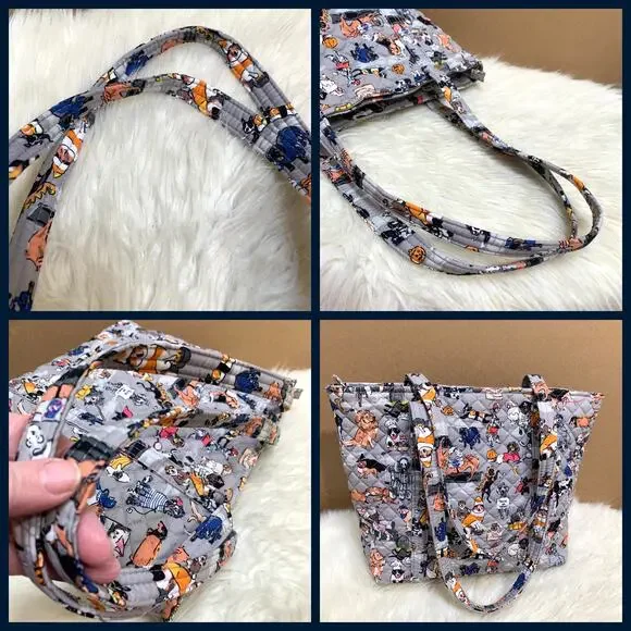 VERA BRADLEY Rare Gray Multi HOWL-O-WEEN Halloween Dogs Zip Top Cotton VERA Tote - Picture 2 of 16